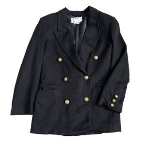 Vintage 1980s Jaeger Women’s Double Breasted Black Wool Blazer Gold Buttons